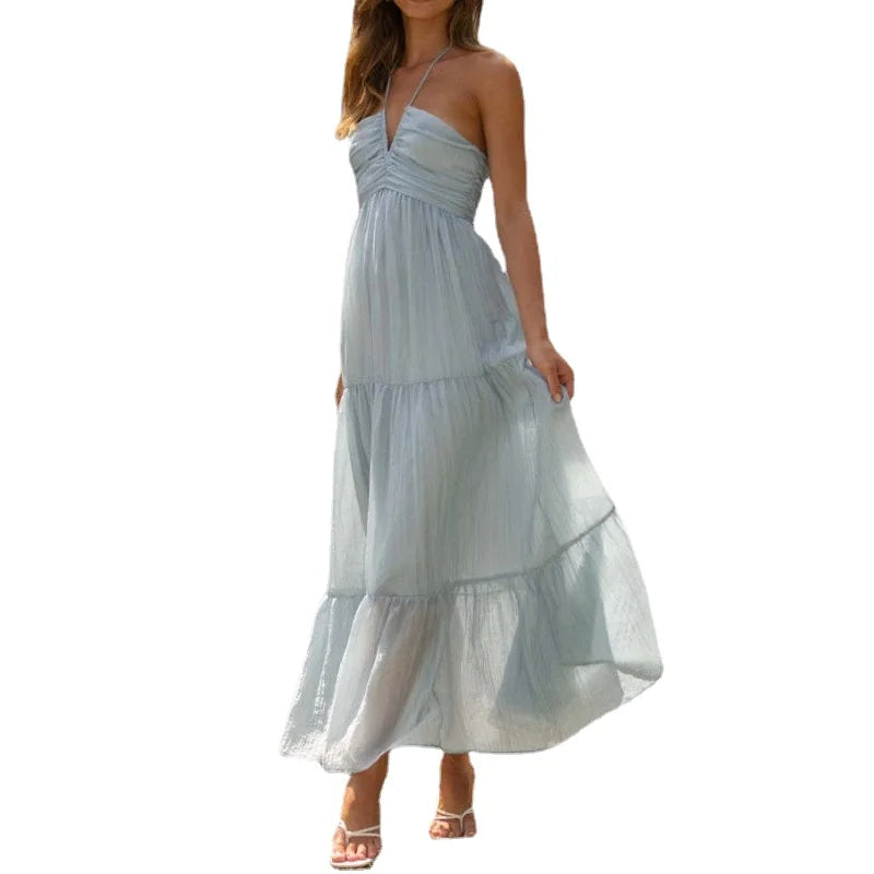 Women's Chiffon Halter V Neck Bloom Flowy A Line Boho Backless Tiered Midi Dresses