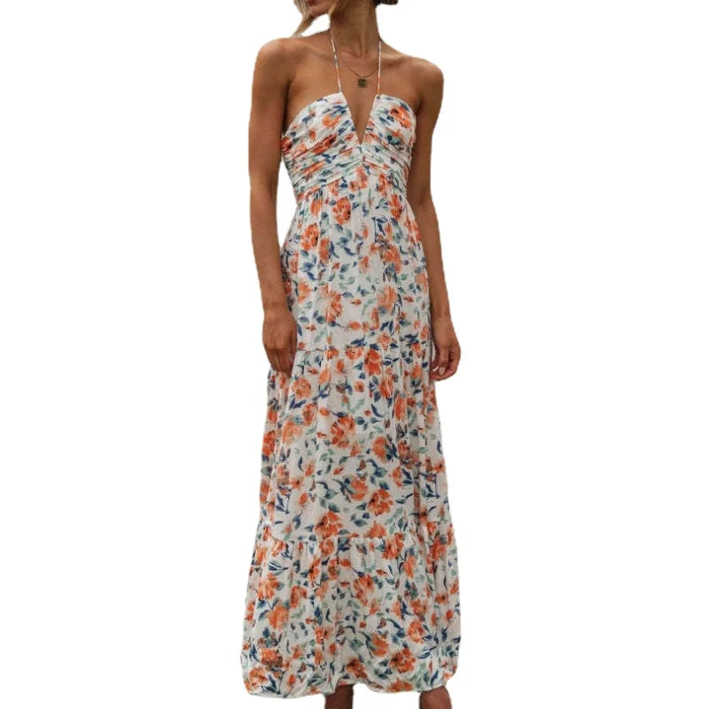 Women's Chiffon Halter V Neck Bloom Flowy A Line Boho Backless Tiered Midi Dresses