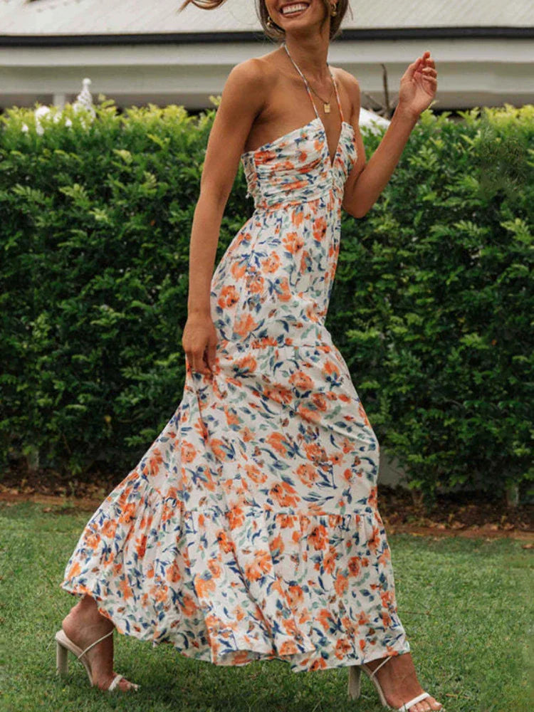 Women's Chiffon Halter V Neck Bloom Flowy A Line Boho Backless Tiered Midi Dresses
