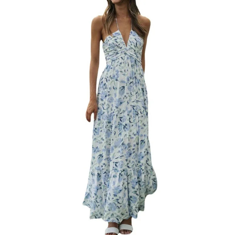 Women's Chiffon Halter V Neck Bloom Flowy A Line Boho Backless Tiered Midi Dresses