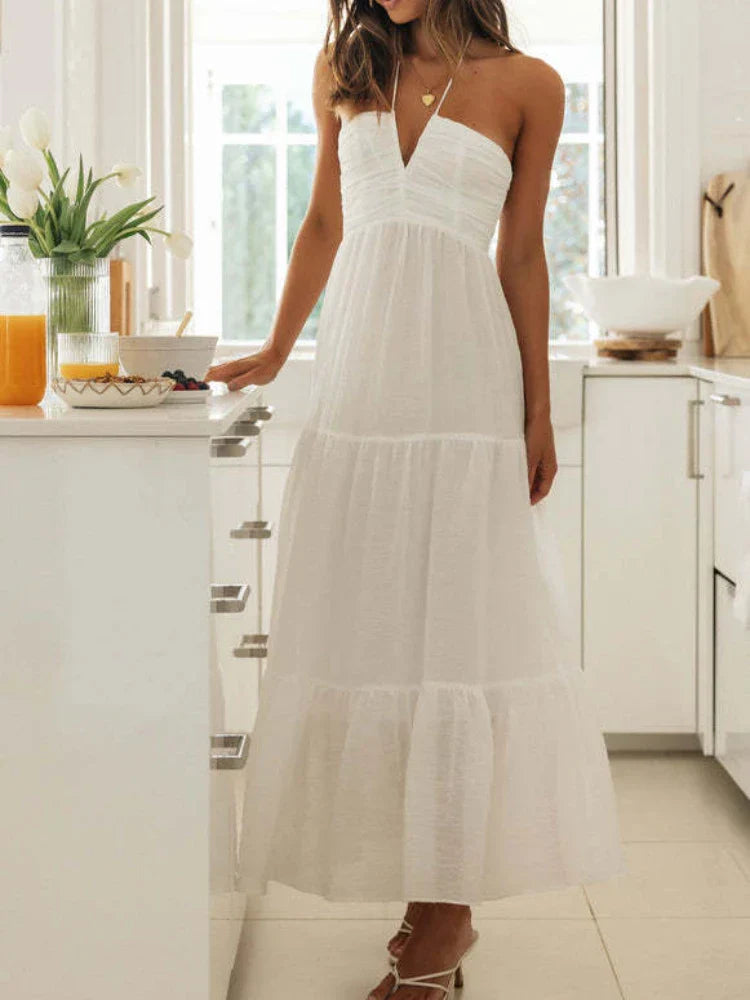 Women's Chiffon Halter V Neck Bloom Flowy A Line Boho Backless Tiered Midi Dresses