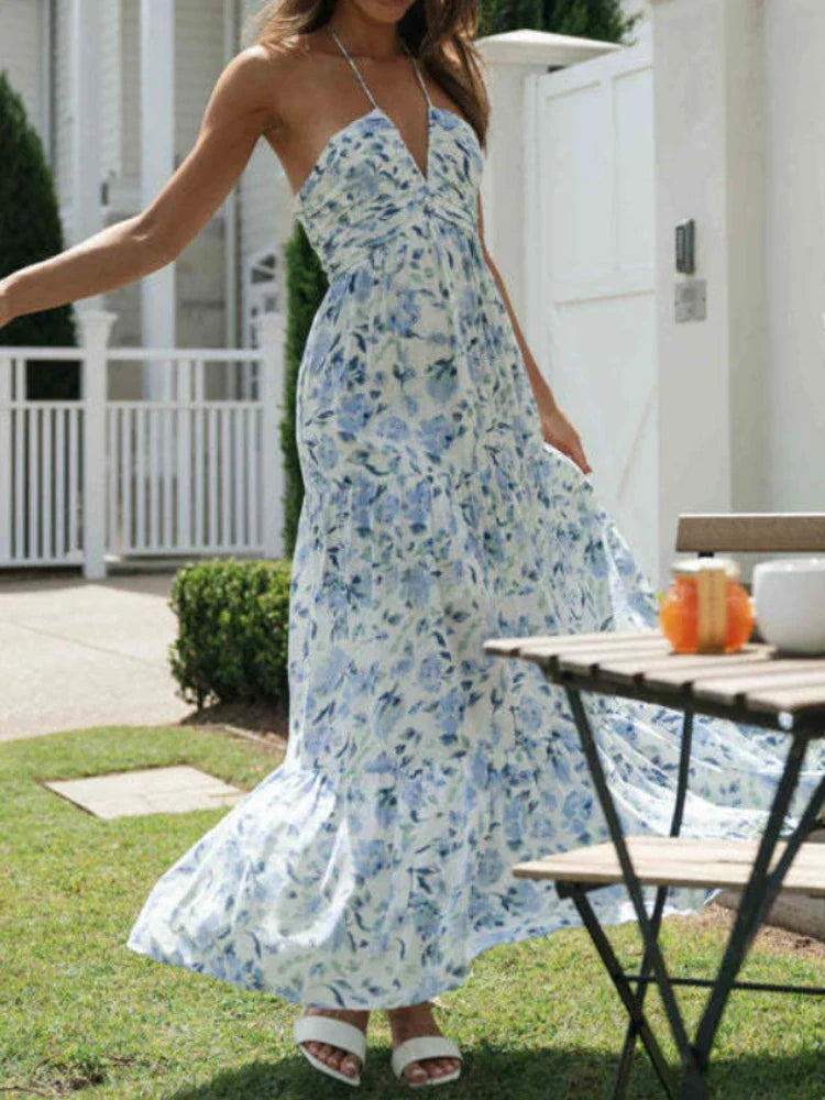Women's Chiffon Halter V Neck Bloom Flowy A Line Boho Backless Tiered Midi Dresses