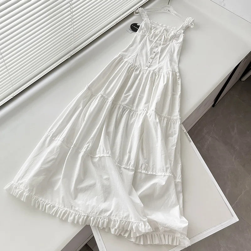 Lazy White Holiday Ruffled Extra Seaside Midi Dresses