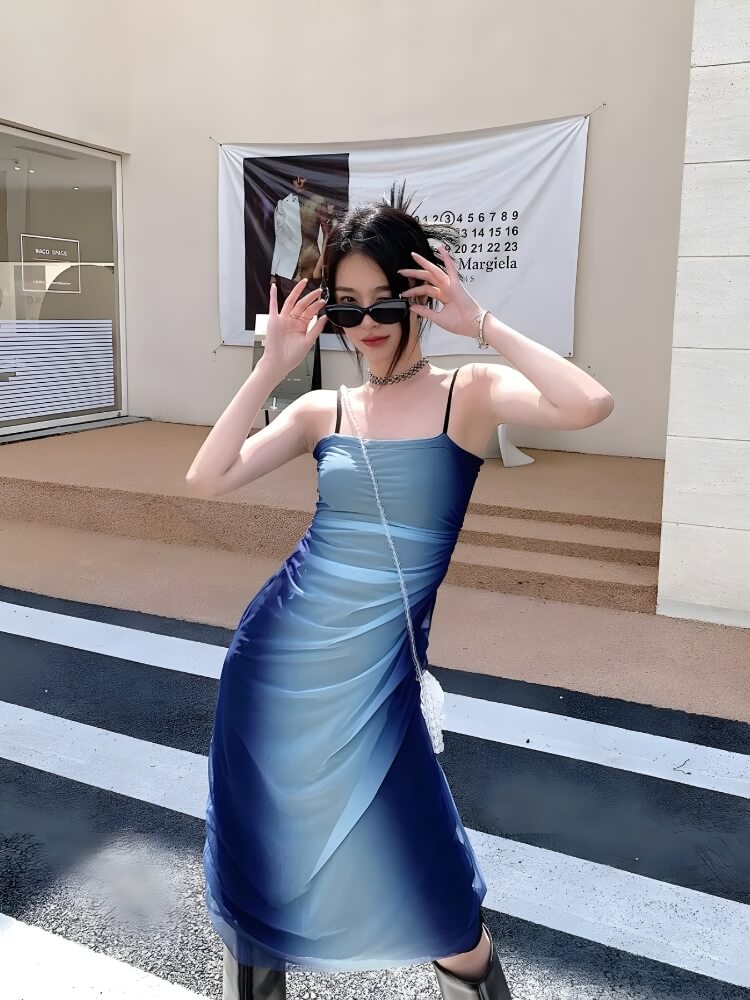 Blue Y2K Gradient Strappy Midi Dress