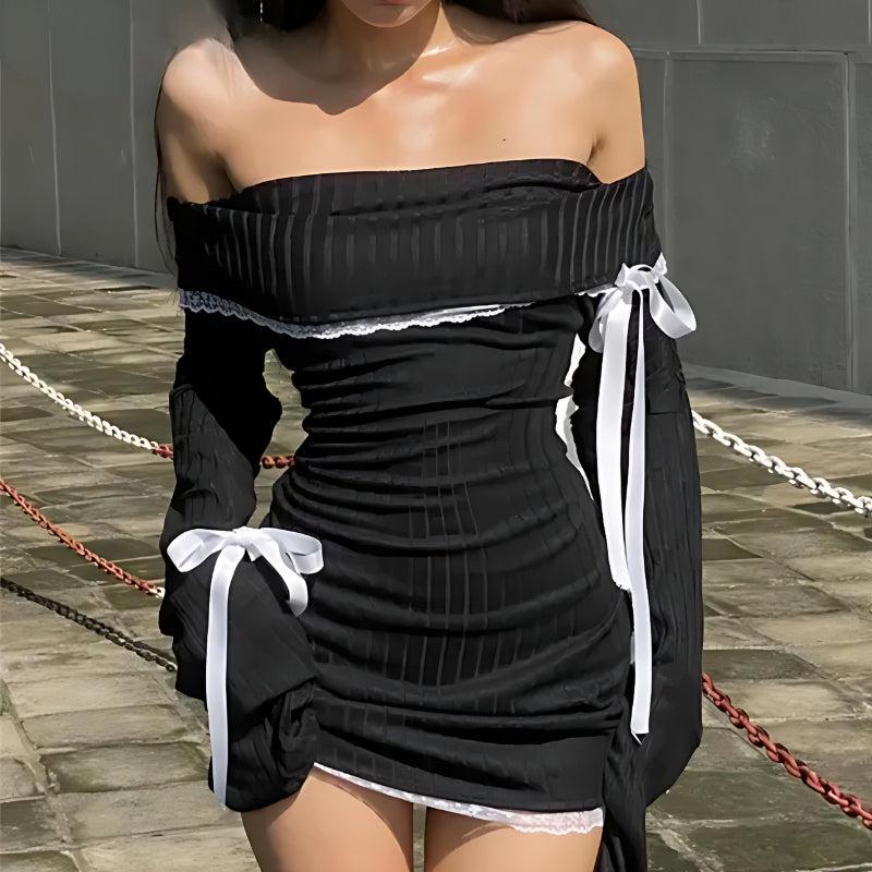 Corduroy Y2K Off Shoulder Bow Mini Dress
