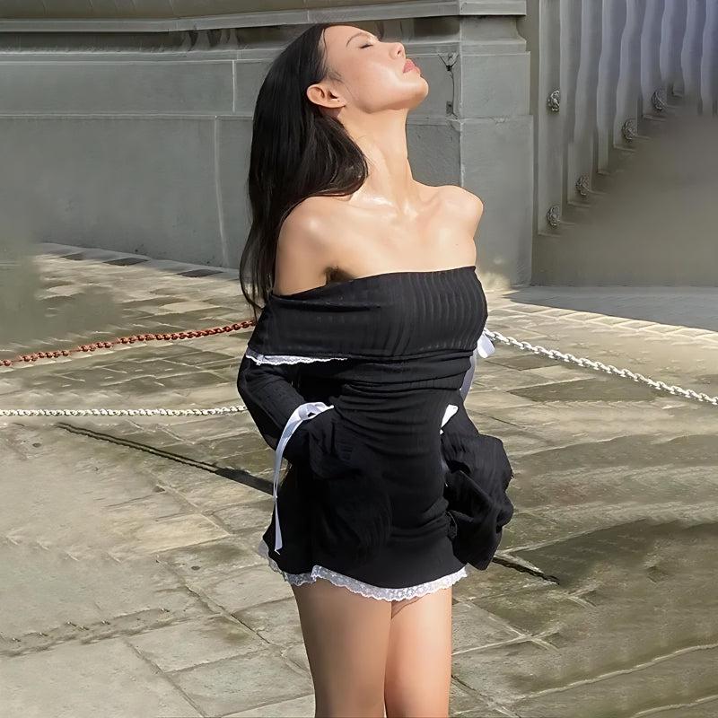 Corduroy Y2K Off Shoulder Bow Mini Dress