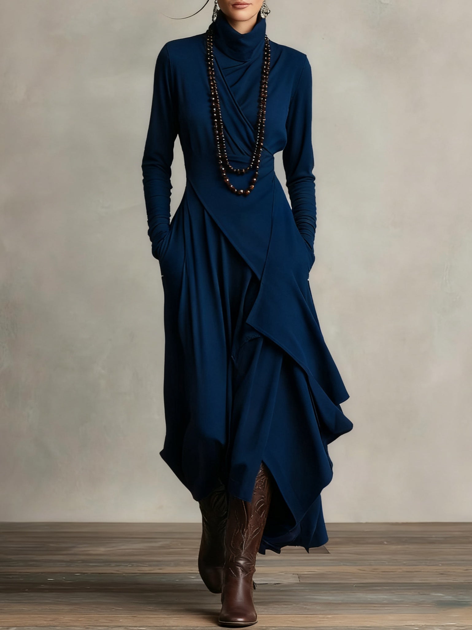 Purple High neck Asymmetrical Pleated Maxi Dress