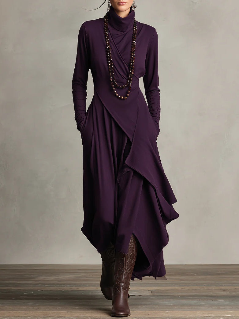 Purple High neck Asymmetrical Pleated Maxi Dress