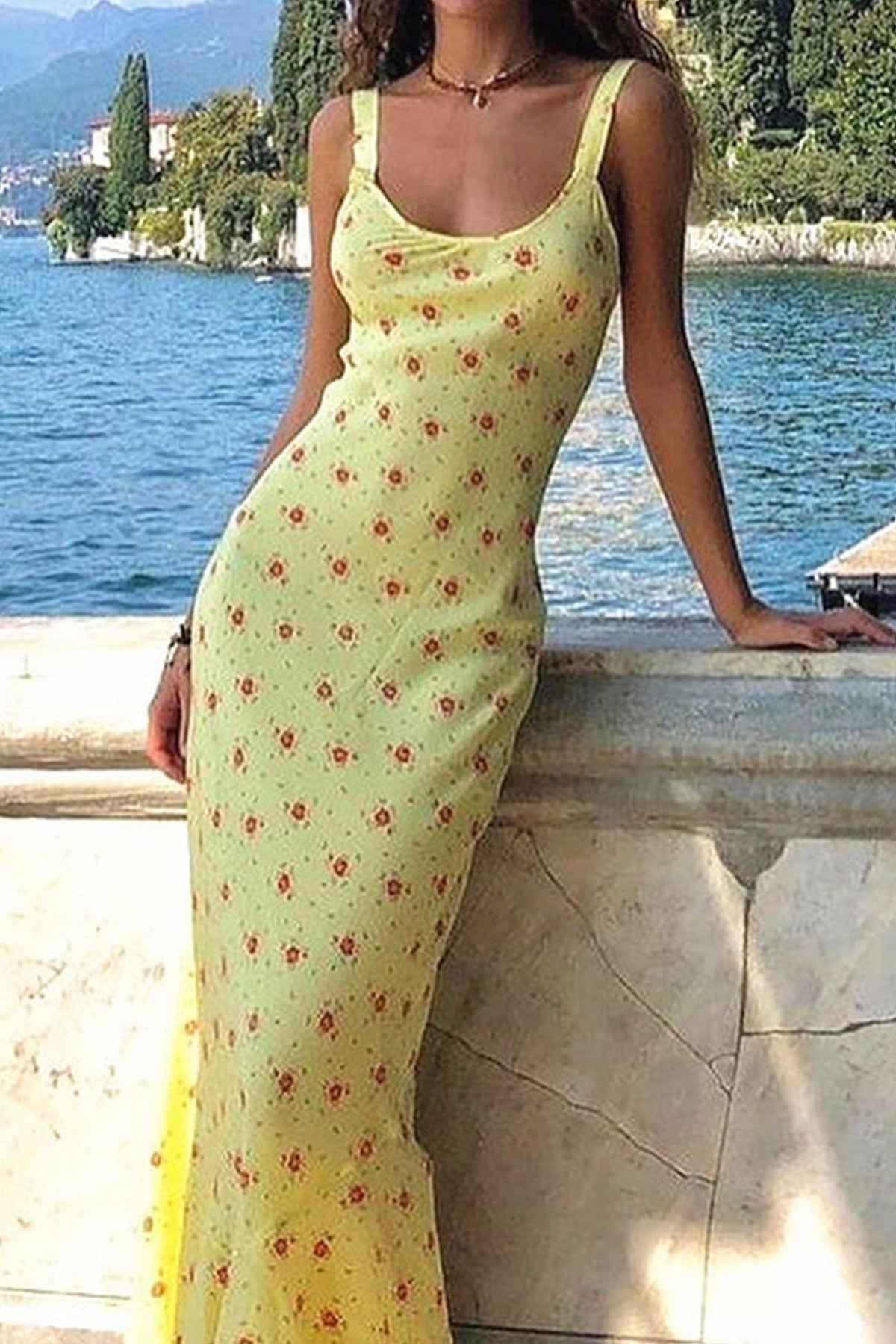 Yellow Scoop Neck Flower Tank Dress