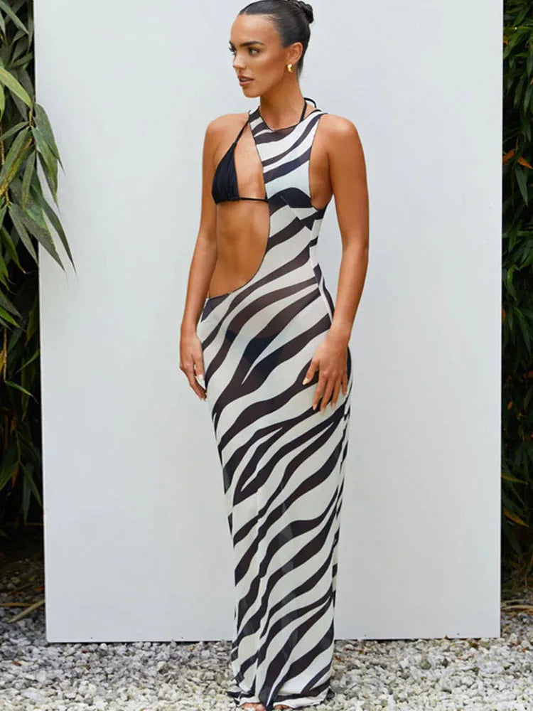 Transparent Zebra Striped Cut Out Vacation Midi Dresses