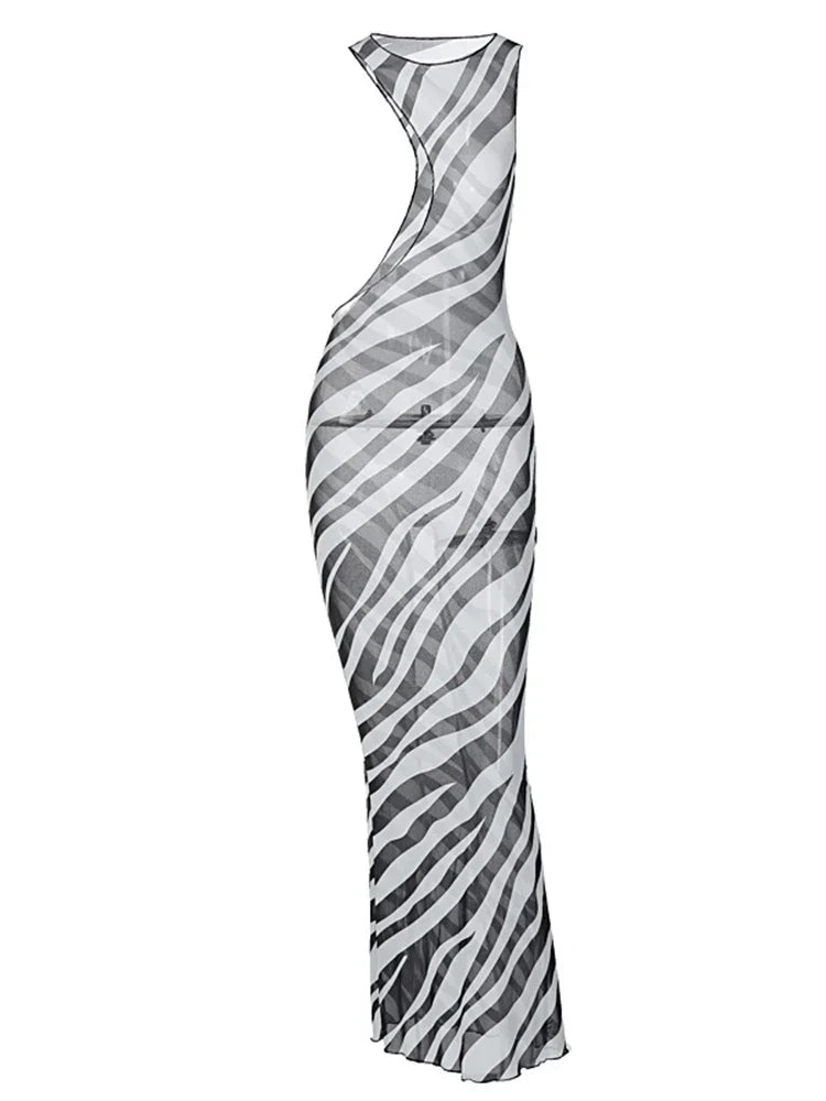 Transparent Zebra Striped Cut Out Vacation Midi Dresses