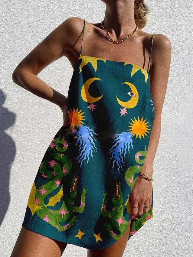 Printed Unique Spaghetti Strap Backless Mini Dress