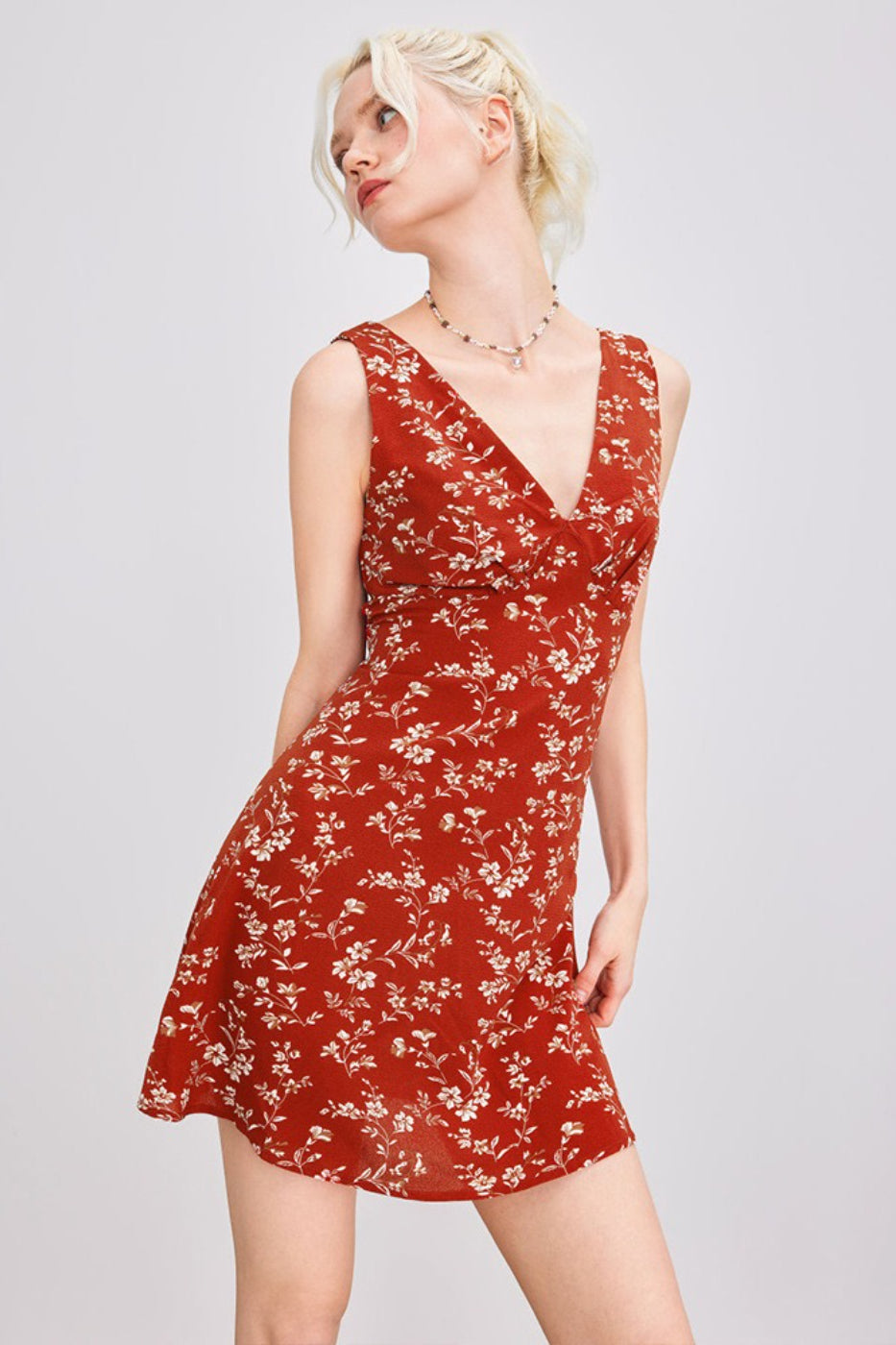 Refined Floral Print Deep V Mini Dress