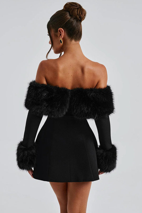Fur Faux Collar Off Shoulder Bodycon Dress