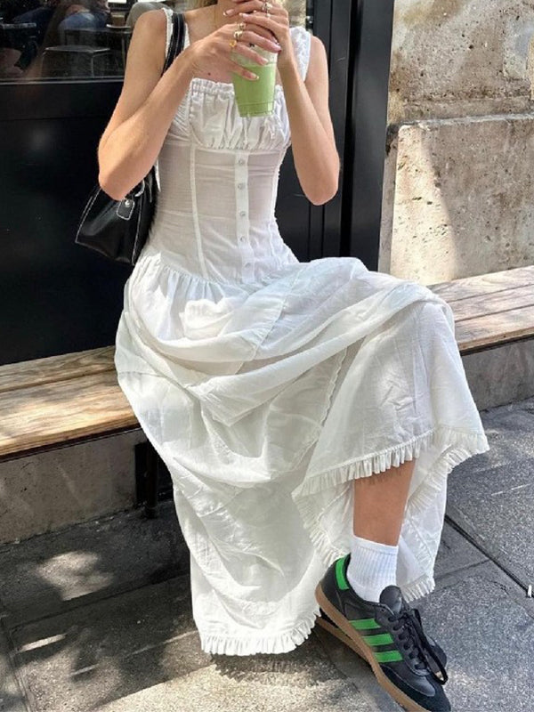 French White Pleated Layered Slim Midi Dress with Lace Up