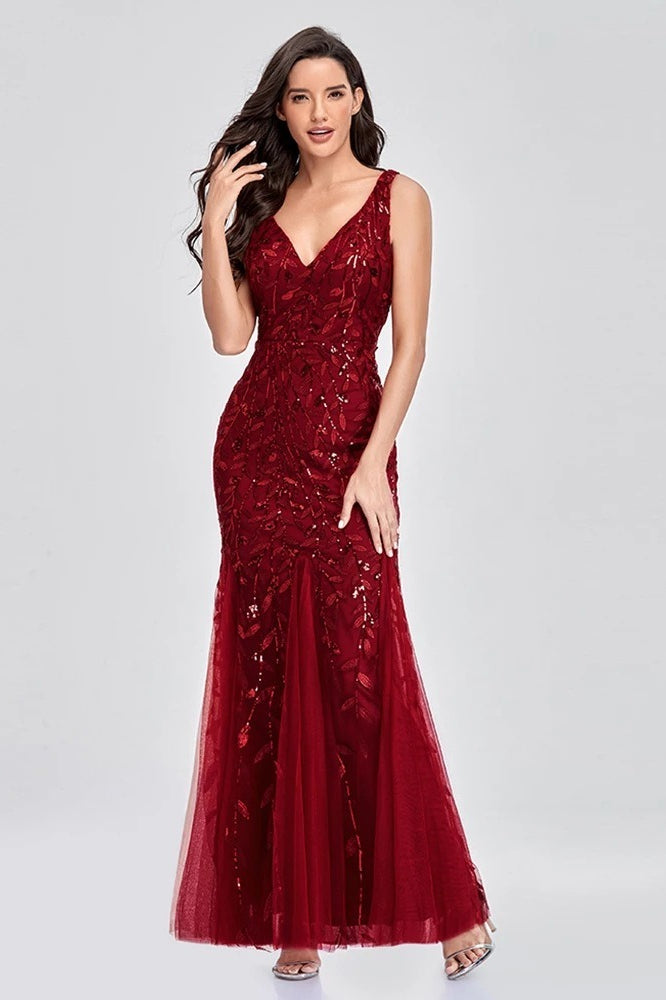 V Neck Sheer Embroidered Sequin Chic Prom Dress