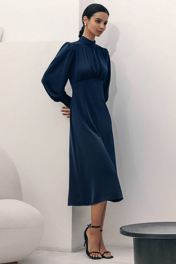 Neck High Long Sleeve A Line Midi Dress
