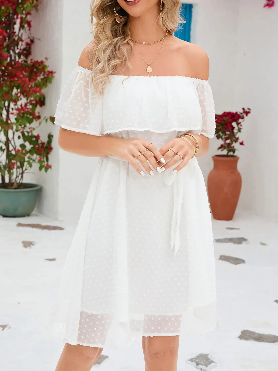 Timeless Camila Off the Shoulder Short Sleeved Mini Dress with a Tie Waist Evening Wear Edit