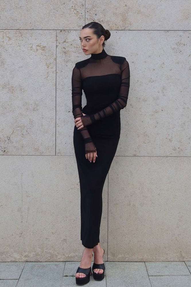 Panel Mesh Turtleneck Bodycon Midi Dress