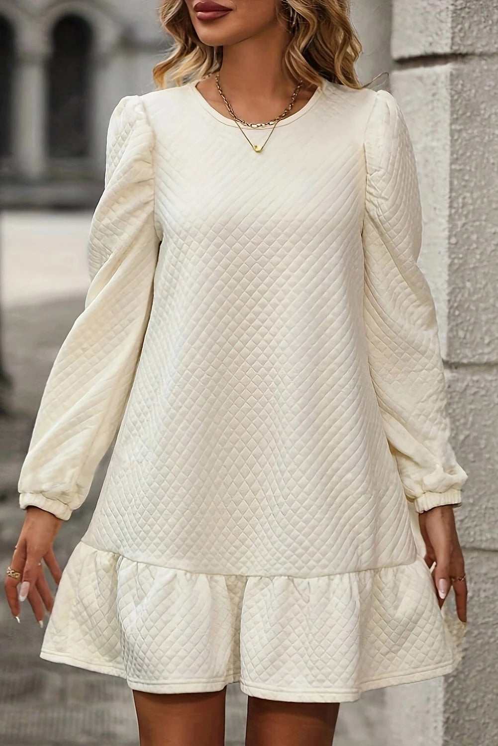 Effortless Ariana White Structured Mini Dress with Ruffle Hem and Grid Pattern Elevated Occasion Wear