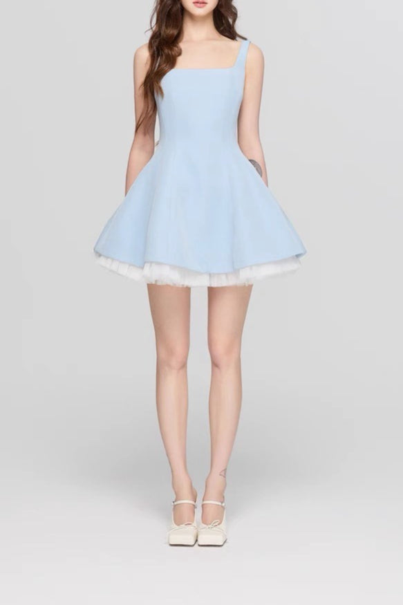 Neck Square Mesh Panel Mini Dress