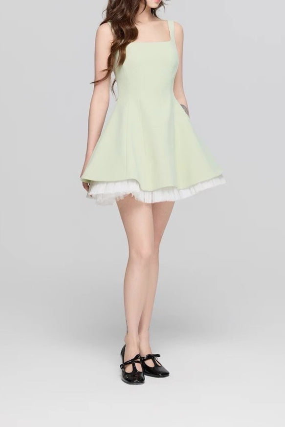 Neck Square Mesh Panel Mini Dress