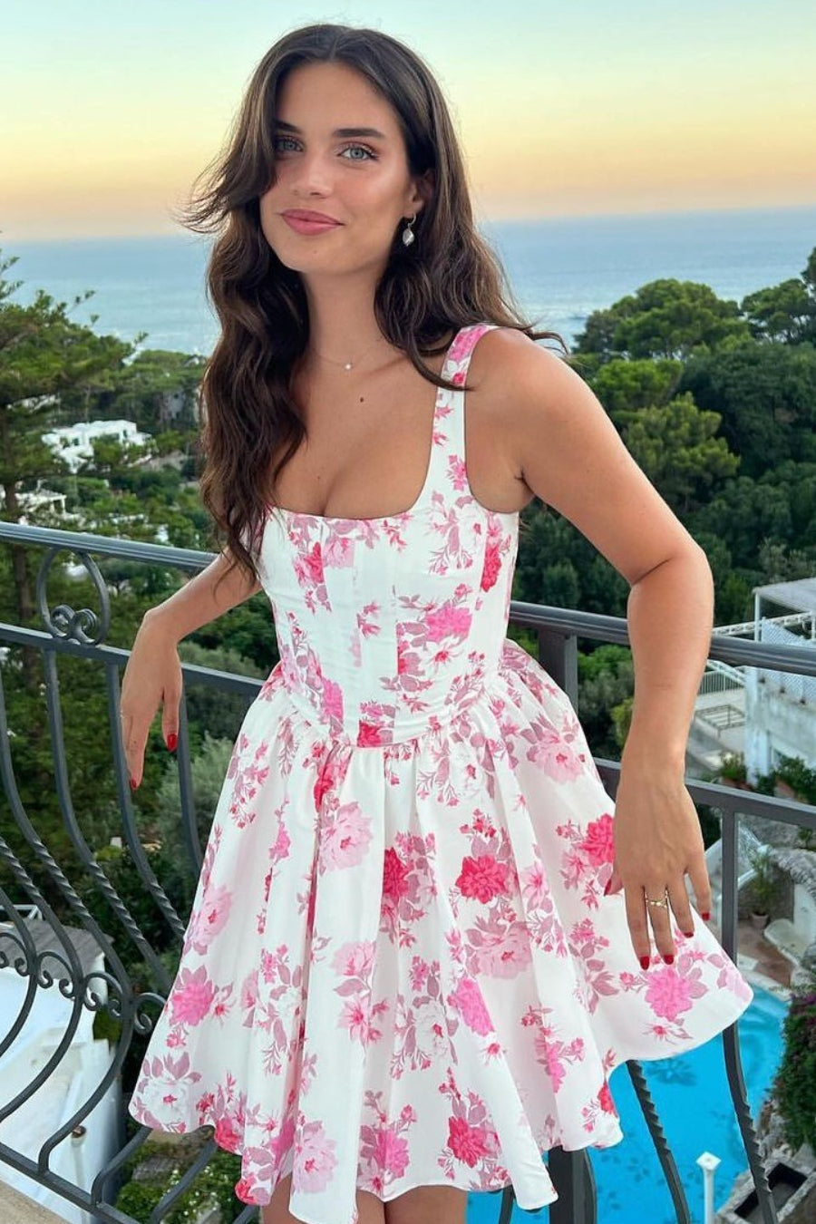 Off Shoulder Botanical Ruched Mini Dress