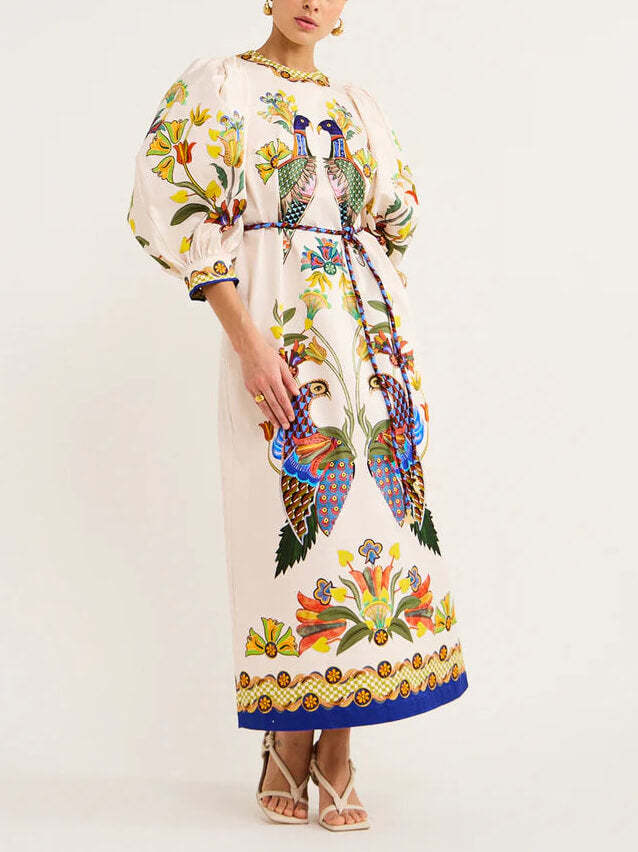 Exquisite And Fun Printed Puff Sleeves Loose Relaxed Midi Dress