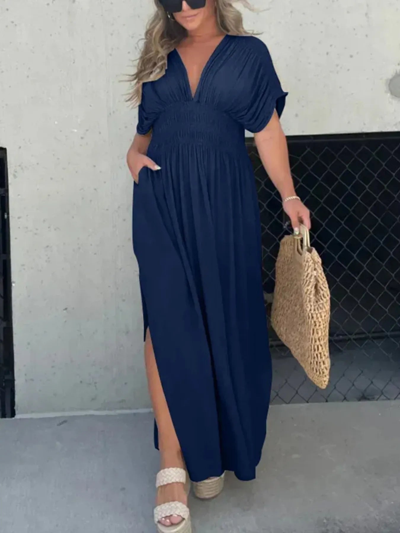 Letizia Minimalist Maxi Dress with V Neckline and Side Slit Premium Wardrobe Essential