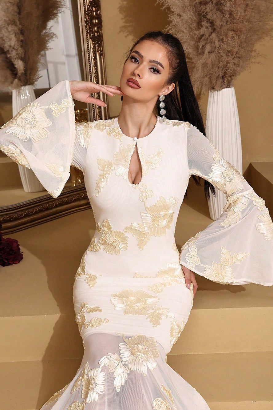 Graceful Embroidered Mesh Trumpet Sleeve Prom Dress