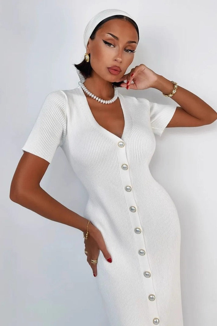 Waist Cinched V Neck Single Breasted Mini Sleeve Knit Maxi Sweater Dress