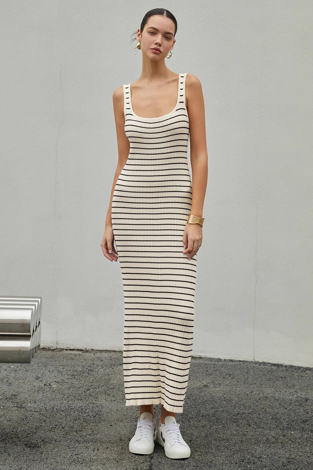 Striped Edition Sleeveless Cami Knit Bodycon Maxi Sweater Dress