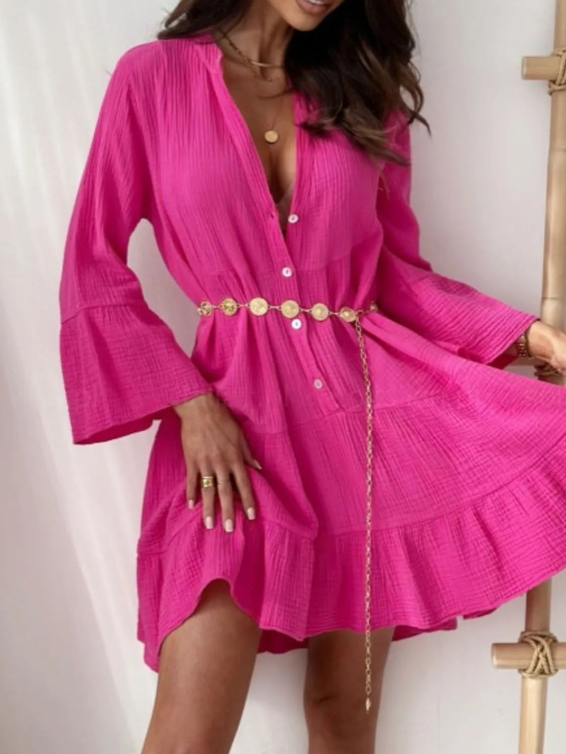 Luxe Christina Long Sleeved Flared Mini Dress with Ruffles and Buttons Evening Wear Edit