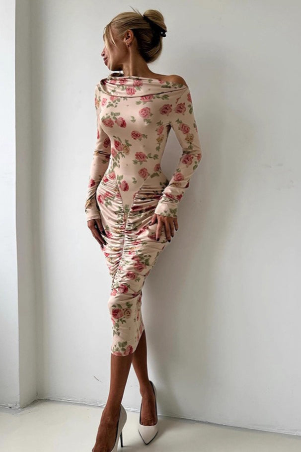 Neck Asymmetrical Ruched Midi Dress
