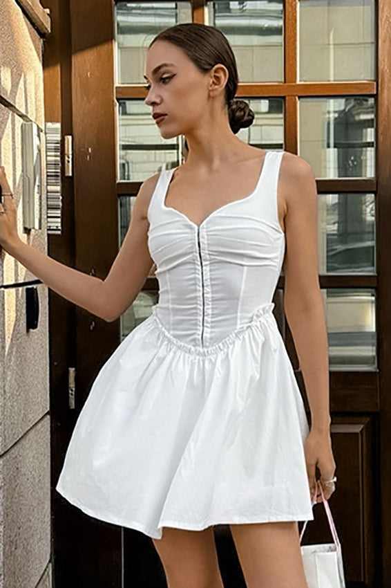 Ruched Buttoned Square Neck Mini Dress
