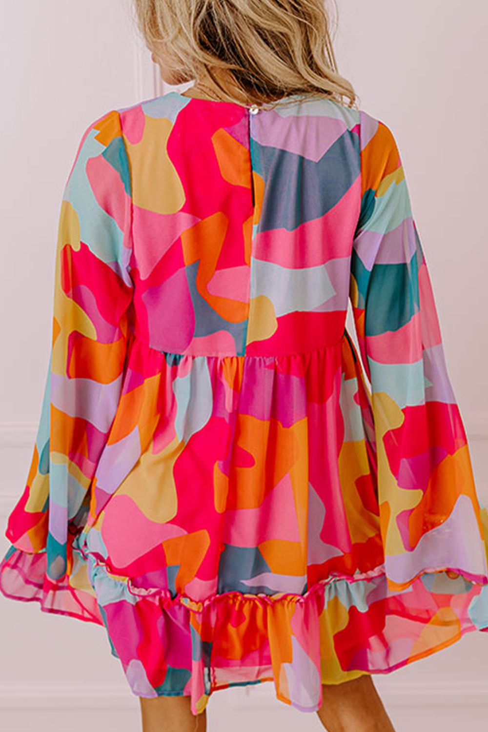 Effortless Laura Long Sleeve Mini Dress with Ruffle Hem and Color Block V Neck Statement Occasion Edit