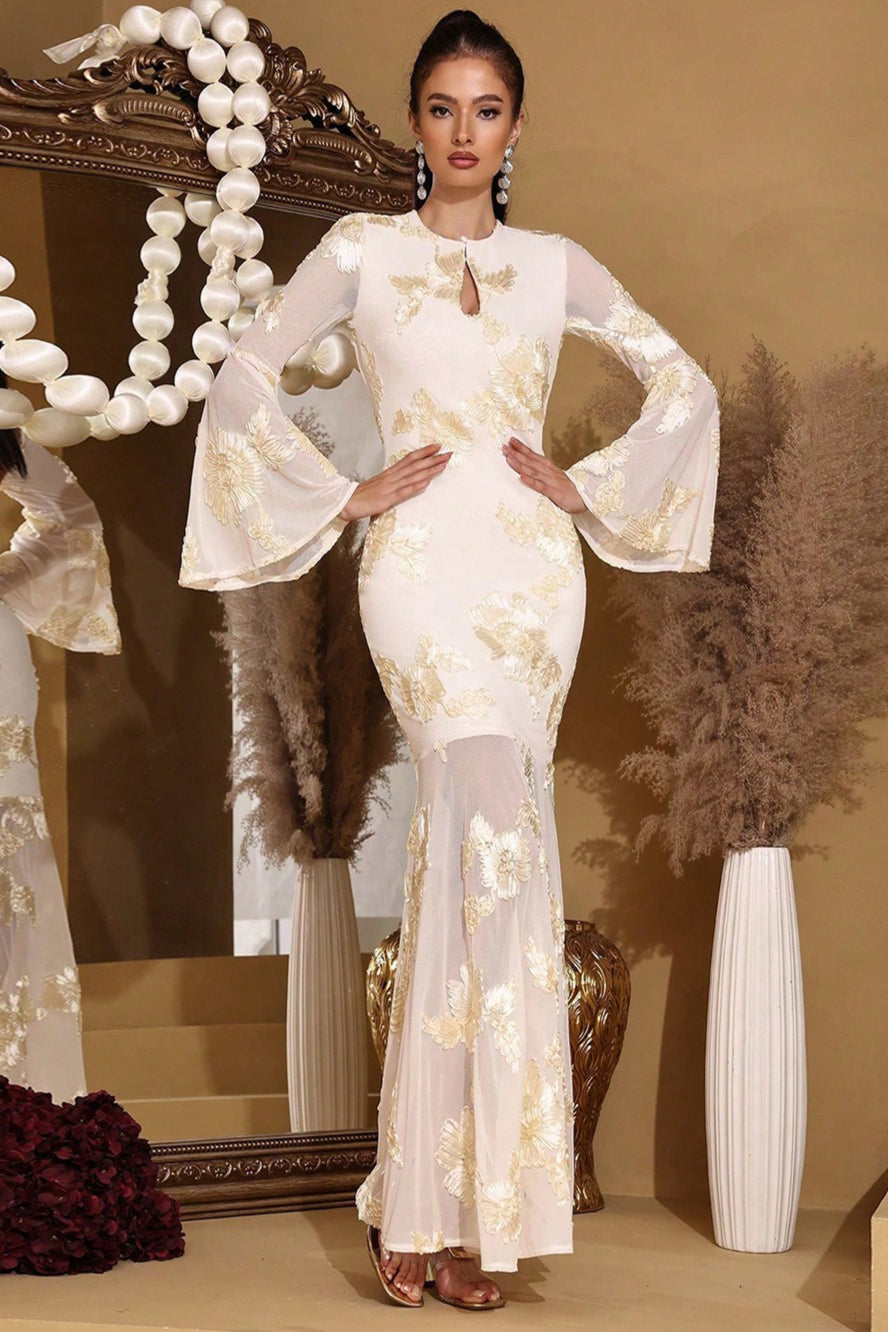Graceful Embroidered Mesh Trumpet Sleeve Prom Dress