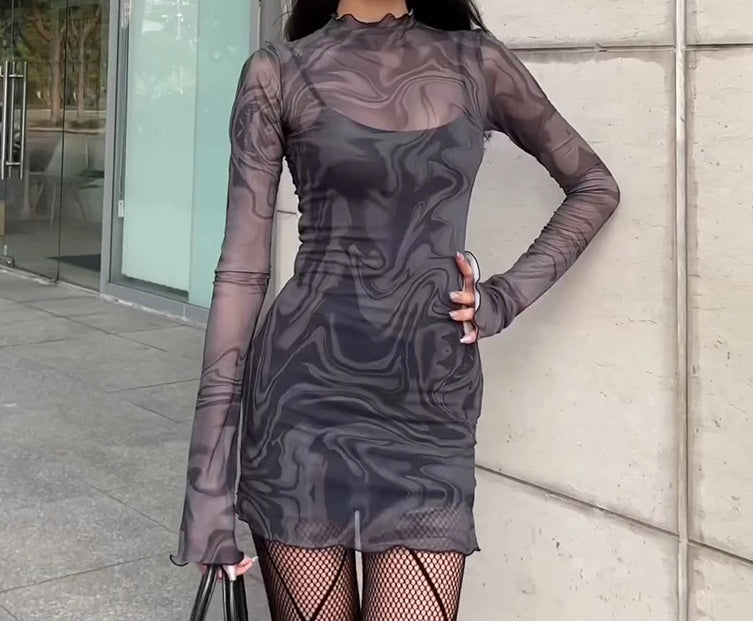 See Mesh Through Strap Gothic Mini Dress