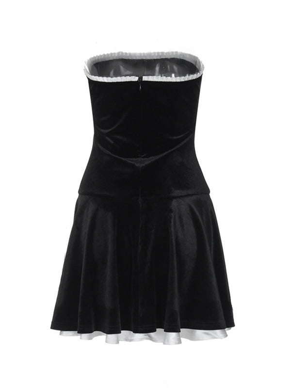 Black Classic Velvet Splice Pleated Bandeau Mini Dress