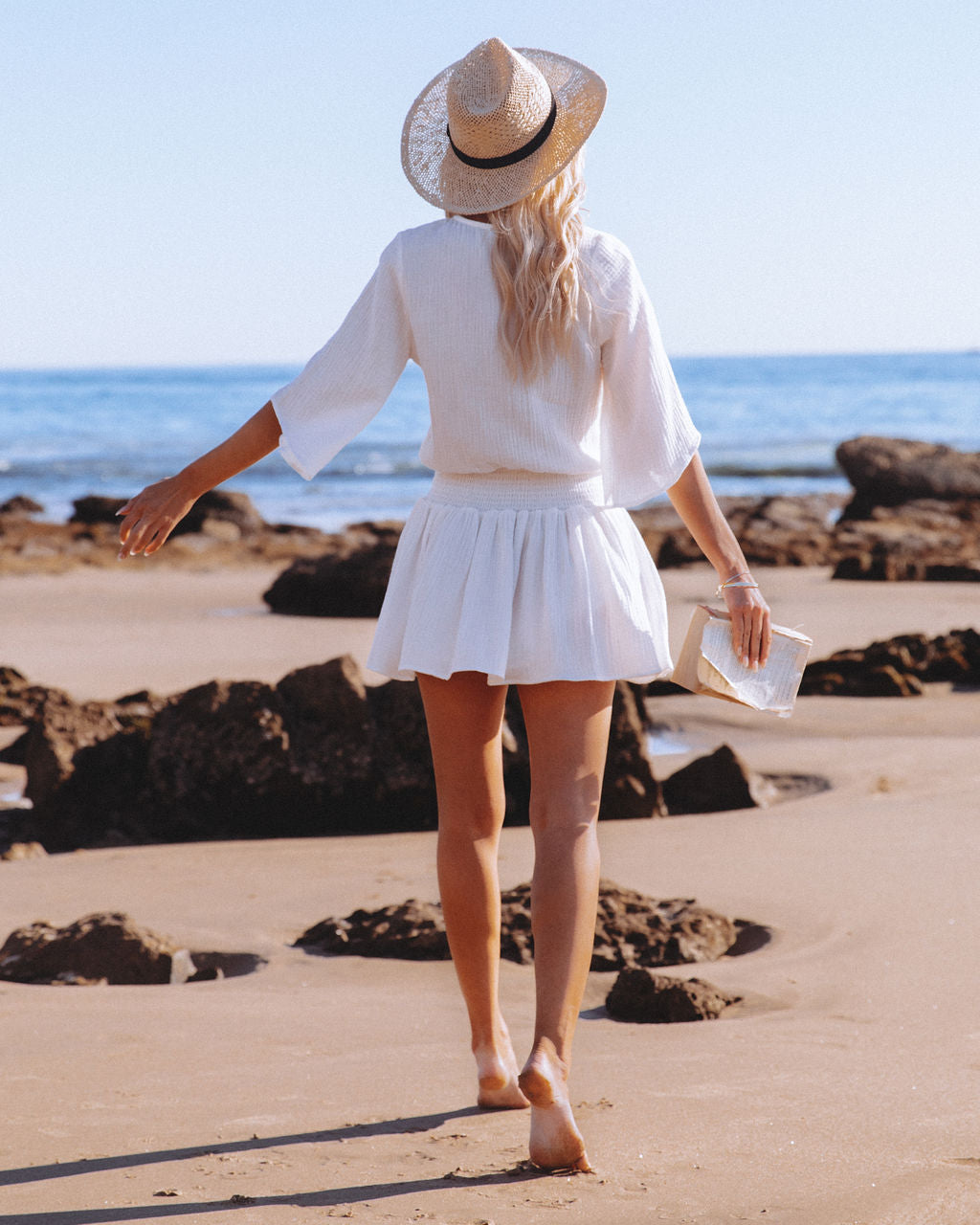 A Always Good Time Cotton Smocked Drape Dress White