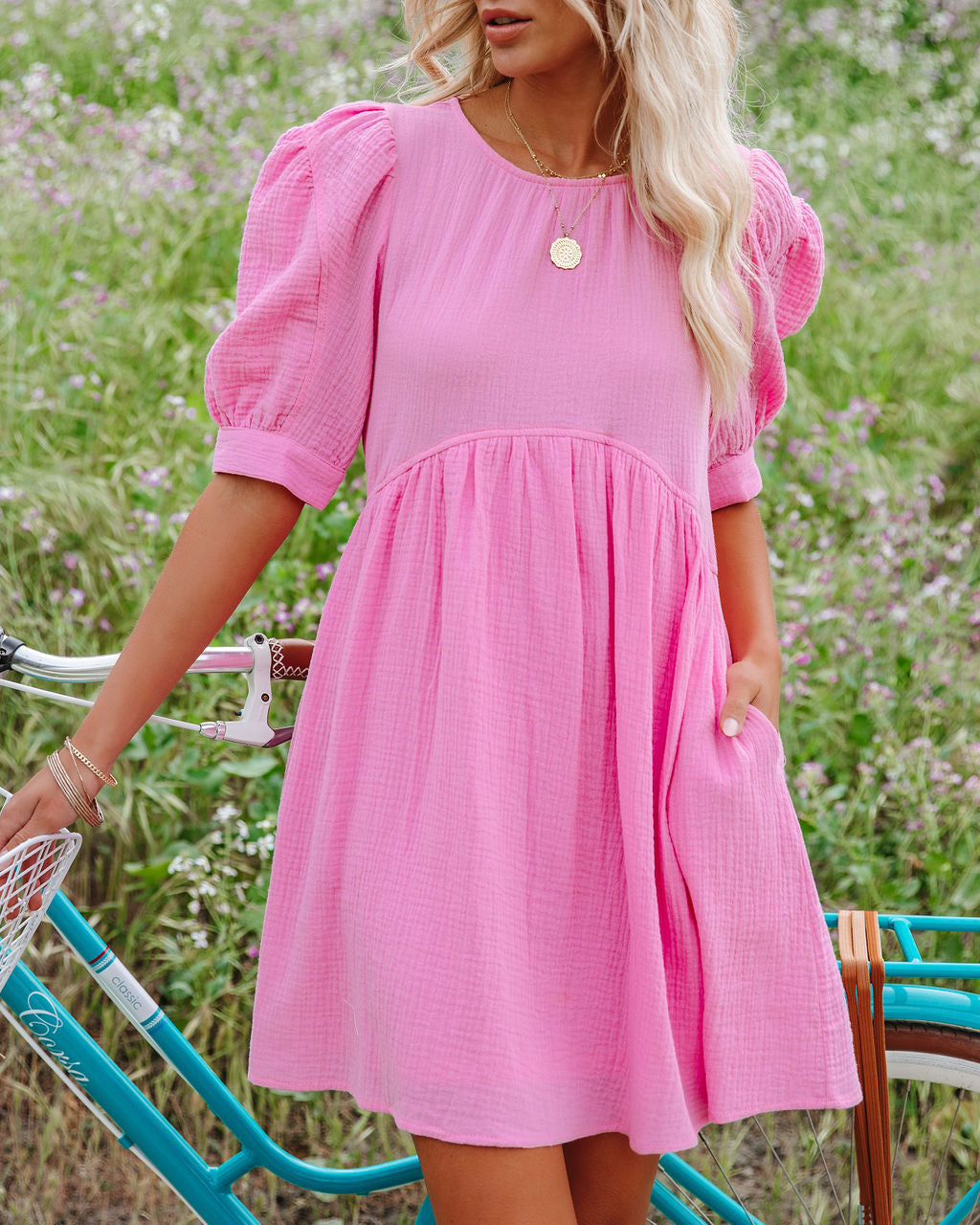 Cotton Amber Pocketed Puff Sleeve Dress Cool Pink