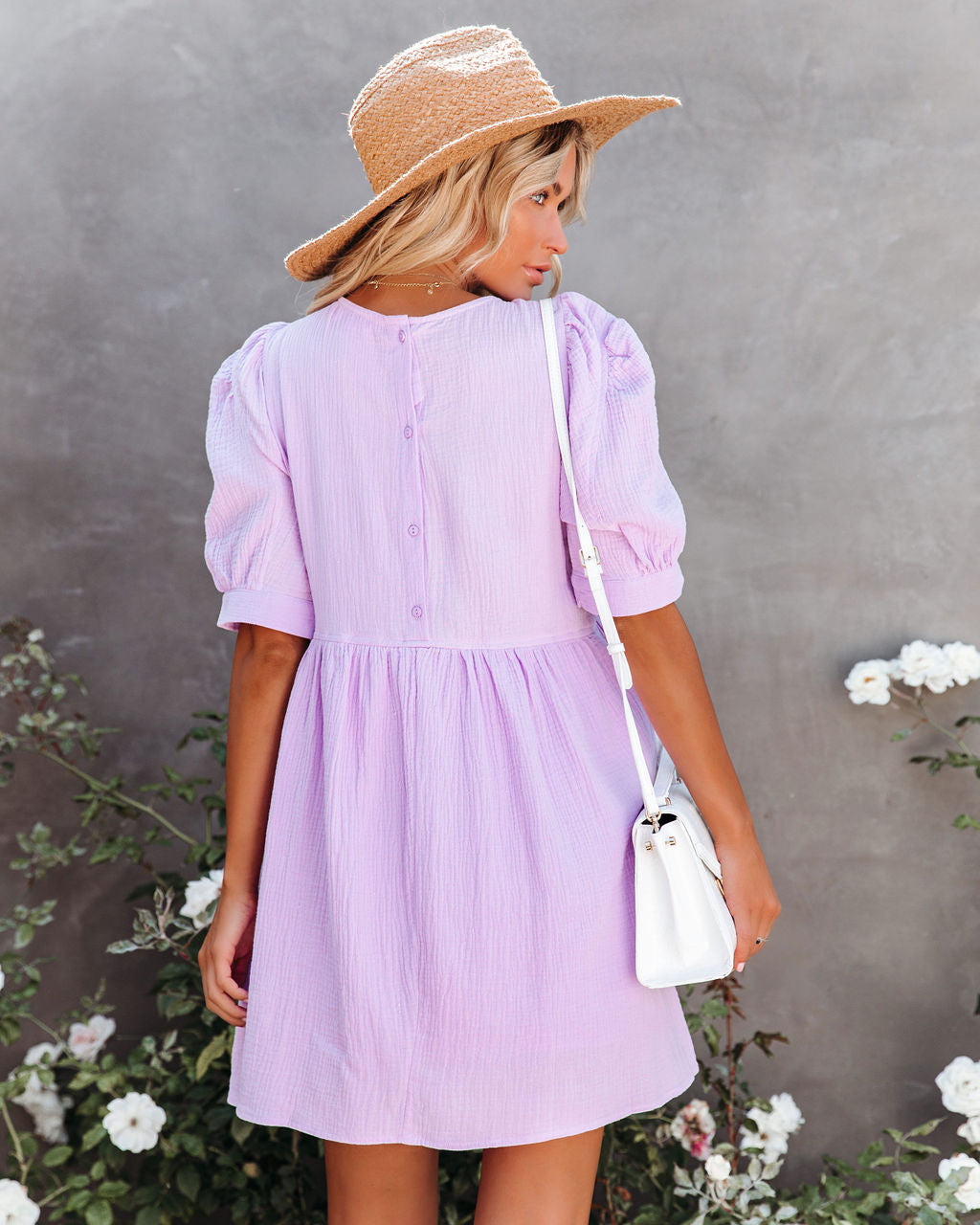 Cotton Amber Pocketed Puff Sleeve Dress Lavender