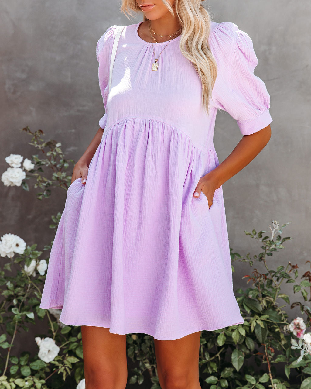 Cotton Amber Pocketed Puff Sleeve Dress Lavender
