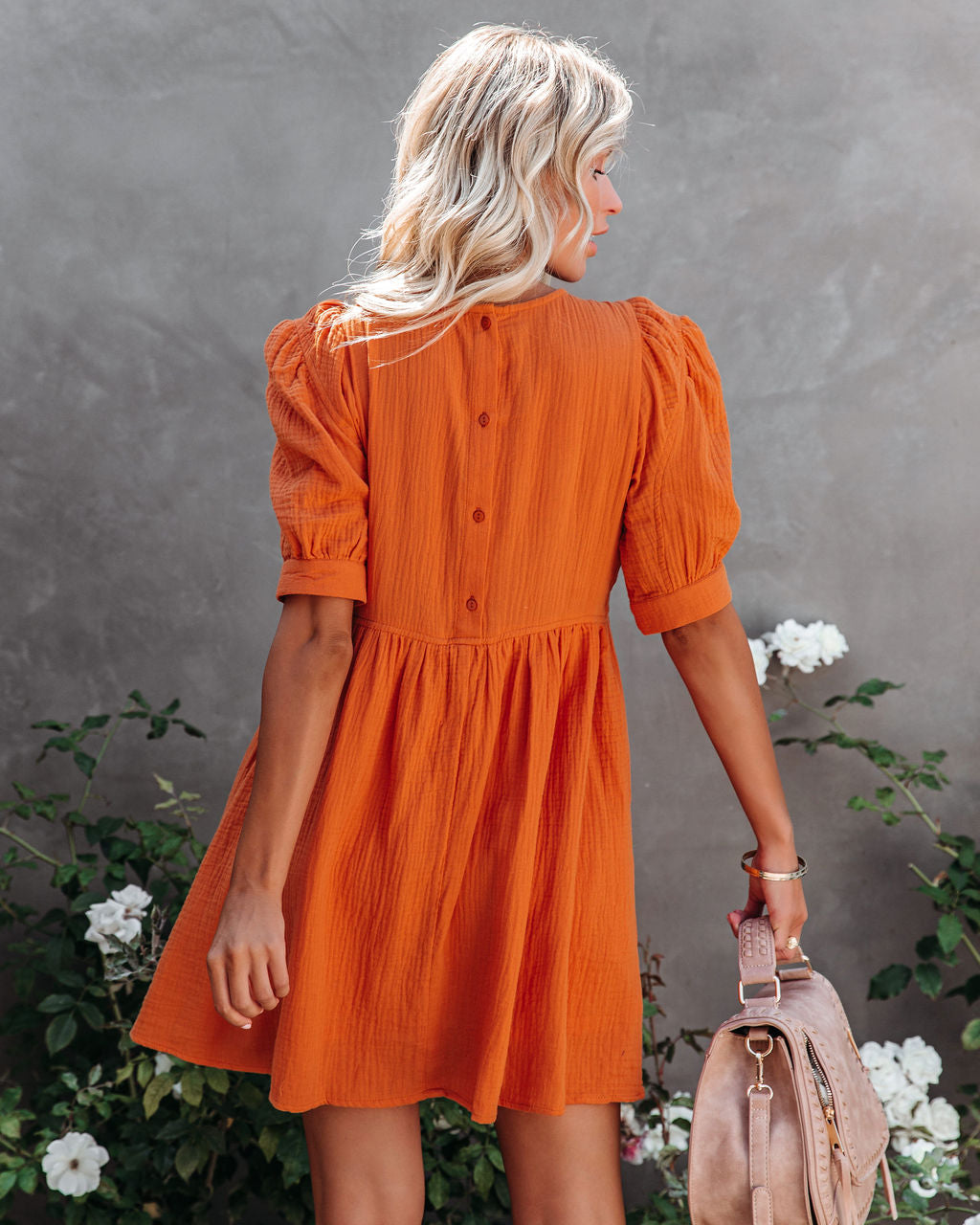 Cotton Amber Pocketed Puff Sleeve Dress Orange