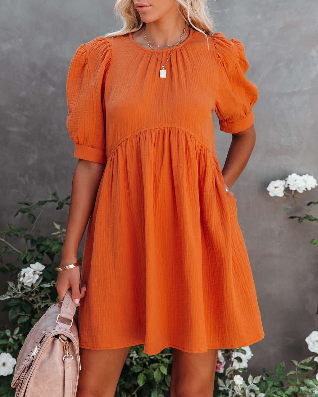 Cotton Amber Pocketed Puff Sleeve Dress Orange