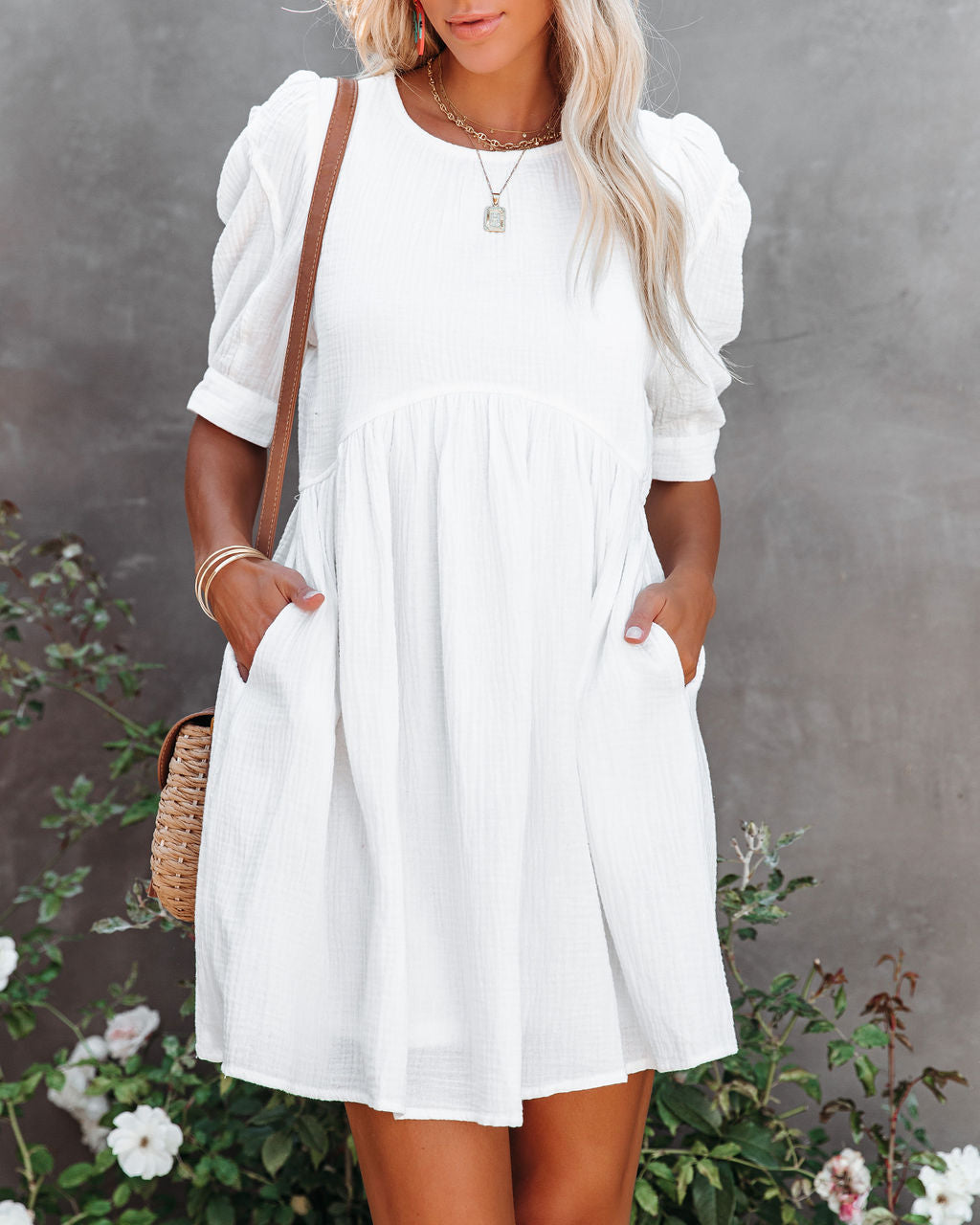 Cotton Amber Pocketed Puff Sleeve Dress White