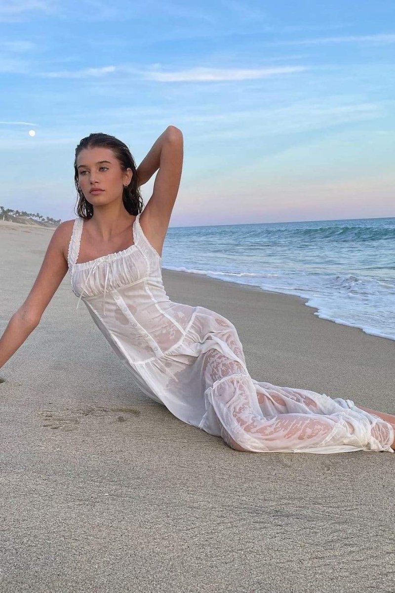 Luisa Minimalist Semi Sheer Maxi Dress with Ruffles Boutique Edit