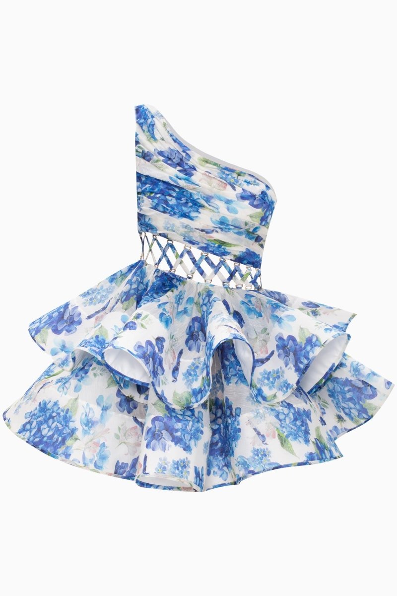 Aurora Premium Flower Print One Shoulder Chiffon Mini Dress Chic Silhouette Collection