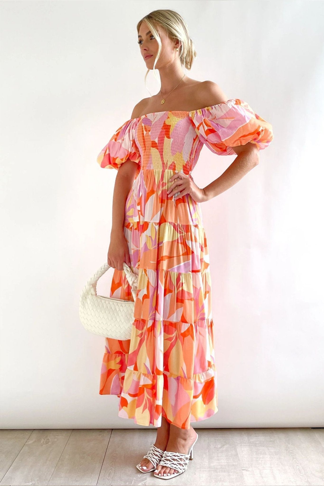 Oriana Luxe Printed Off the Shoulder Tiered Maxi Dress with Puff Sleeves Boutique Edit