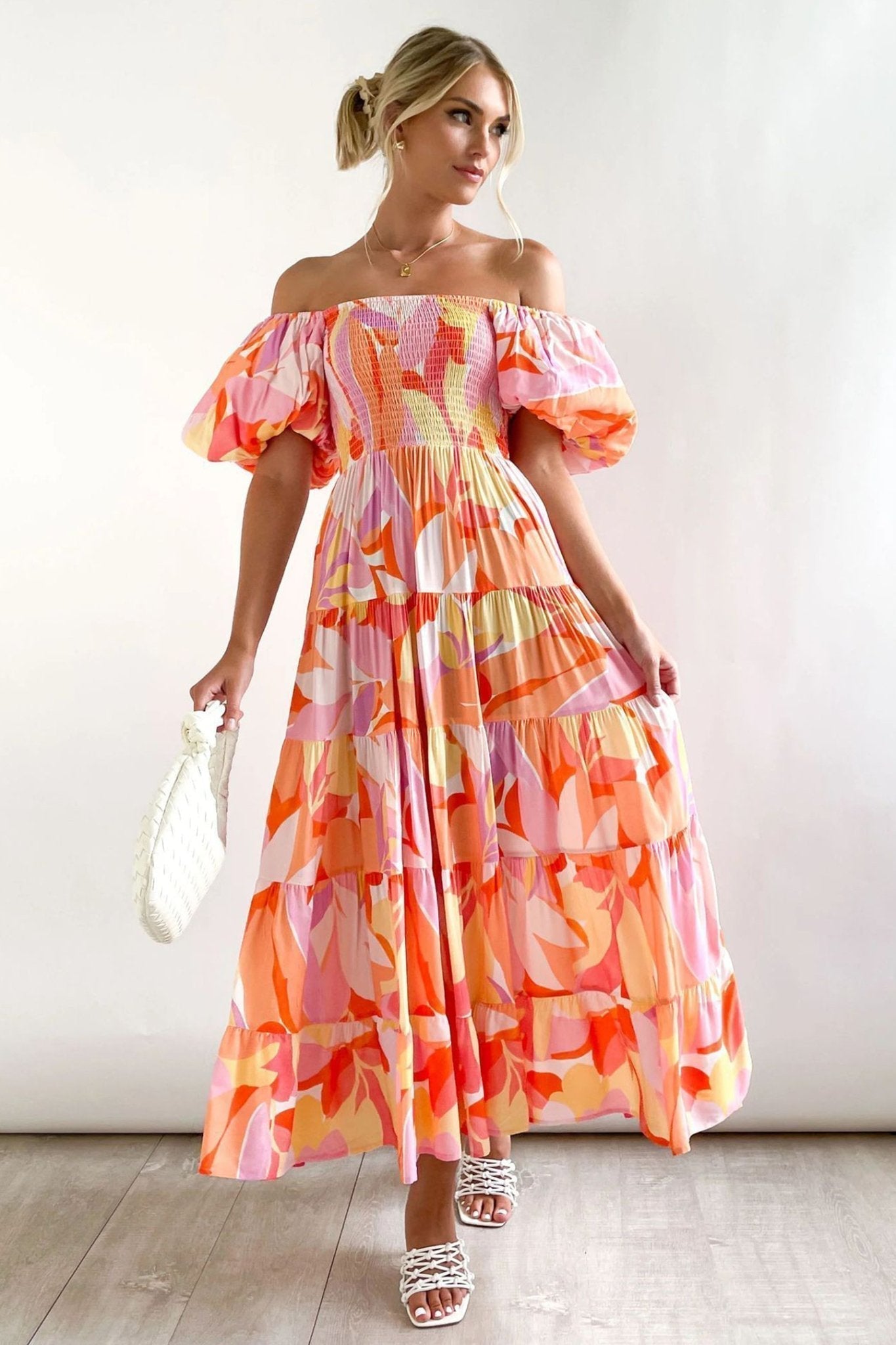 Oriana Luxe Printed Off the Shoulder Tiered Maxi Dress with Puff Sleeves Boutique Edit